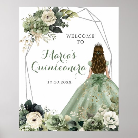 Sage Groen Geometrisch Quinceañera Welkomstbord Poster (Voorkant)