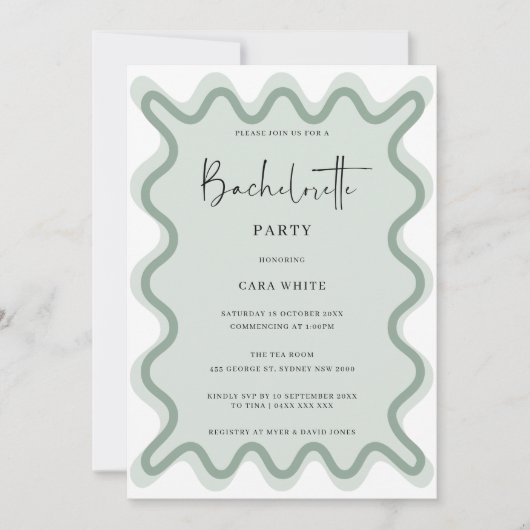 Sage Groen Golvende Border Bachelorette Party Kaart (Voorkant)