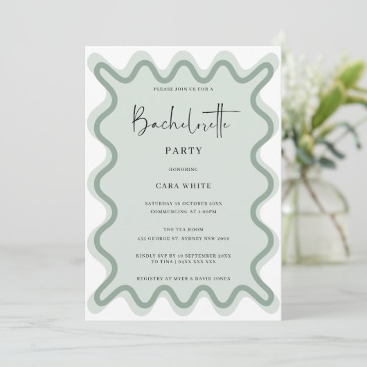 Sage Groen Golvende Border Bachelorette Party Kaart (Staand voorkant)