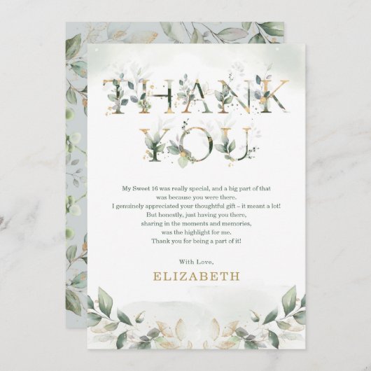 Sage Groen Goud 16e Verjaardag Dank u Kaart (Voorkant / Achterkant)