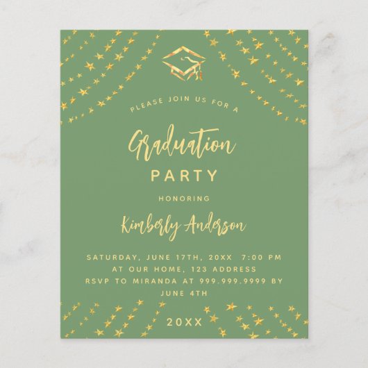 Sage groen goud afstuderen partij budget uitnodigi flyer (Voorkant)