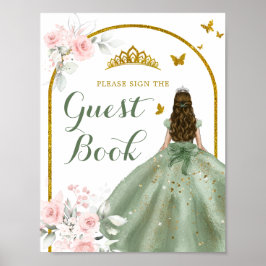 Sage Groen Goud Bloemen Quinceañera Gastenboek Poster