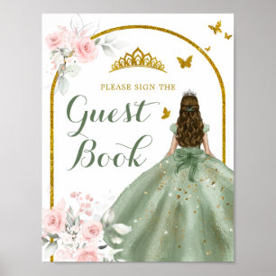 Sage Groen Goud Bloemen Quinceañera Gastenboek Poster