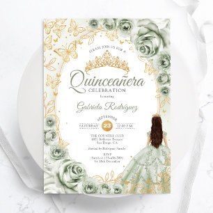 Sage Groen Goud Bloemen Quinceanera Kaart