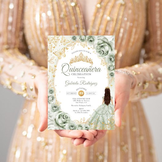 Sage Groen Goud Bloemen Quinceanera Kaart