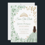 Sage Groen Goud Bloemen Quinceanera Save The Date<br><div class="desc">Salie Groen goud en wit bloemen Quinceanera viering Save the Date kaart. Voorzien van brunette meisje in baljurk jurk,  script lettertype,  gouden vlinders,  rozen en tiara. Perfect voor een elegante prinses stijl glamour viering. Personaliseer met uw eigen gegevens. Gedrukte Zazzle-kaarten of direct te downloaden digitale afdrukbare sjabloon.</div>