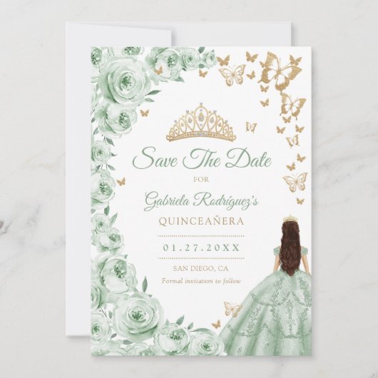 Sage Groen Goud Bloemen Quinceanera Save The Date (Voorkant)