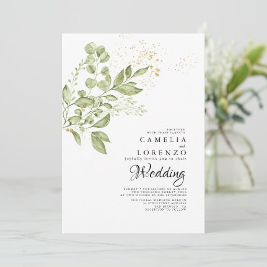 Sage Groen Goud Boho Groen Bruiloft Kaart (Staand voorkant)