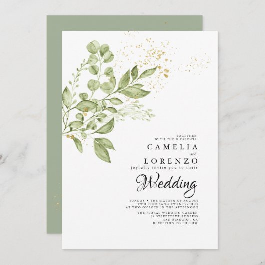 Sage Groen Goud Boho Groen Bruiloft Kaart (Voorkant / Achterkant)
