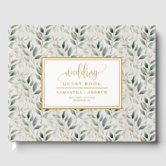 Sage groen goud bruiloft gastenboek met bladeren (Voorkant)