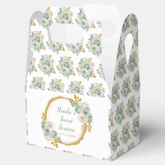 Sage Groen Goud Elegante Bloemen Sweet Sixteen Bedankdoosjes (Geopend)