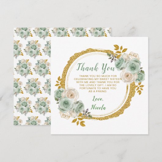 Sage Groen Goud Elegante Bloemen Sweet Sixteen Bedankkaart (Voorkant / Achterkant)