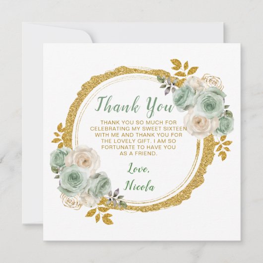 Sage Groen Goud Elegante Bloemen Sweet Sixteen Bedankkaart (Voorkant)
