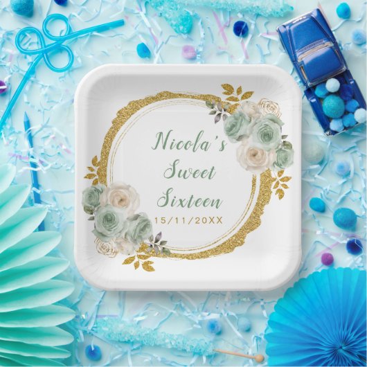 Sage Groen Goud Elegante Bloemen Sweet Sixteen Papieren Bordje (Feest)