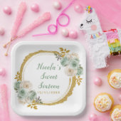 Sage Groen Goud Elegante Bloemen Sweet Sixteen Papieren Bordje (Feest)