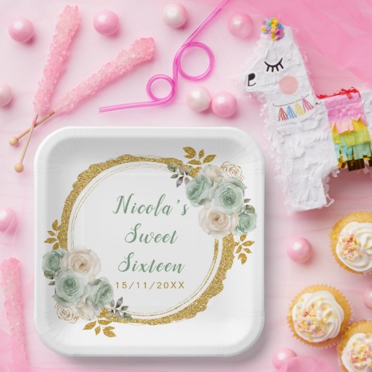 Sage Groen Goud Elegante Bloemen Sweet Sixteen Papieren Bordje (Feest)