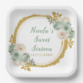 Sage Groen Goud Elegante Bloemen Sweet Sixteen Papieren Bordje (Voorkant)