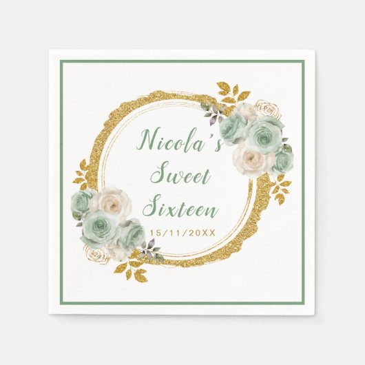 Sage Groen Goud Elegante Bloemen Sweet Sixteen Servet (Voorkant)