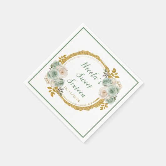 Sage Groen Goud Elegante Bloemen Sweet Sixteen Servet (Hoek)