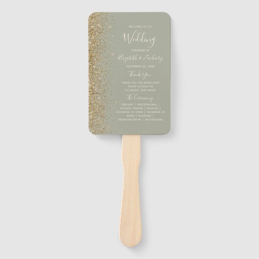 Sage Groen Goud Glitter Edge Bruiloft Programma Handwaaier (Voorkant)