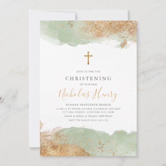 Sage Groen Goud Kruis Jongens Doop Doop Kaart (Voorkant)