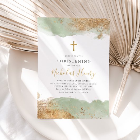 Sage Groen Goud Kruis Jongens Doop Doop Kaart
