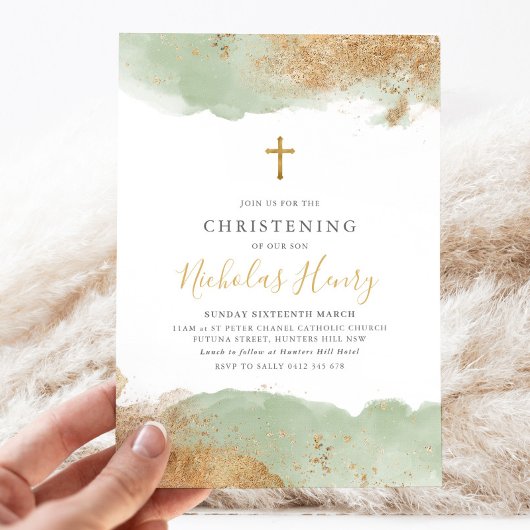 Sage Groen Goud Kruis Jongens Doop Doop Kaart