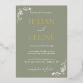 Sage Groen Goud Minimalistische Wit Groen Huwelijk Folie Uitnodiging (Voorkant)