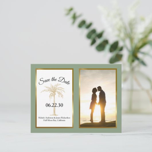 Sage Groen Goud Palm Bruiloft Save The Date Foto Aankondigingskaart (Staand voorkant)