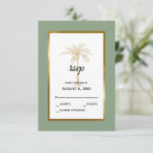 Sage Groen Goud Palm Strand Bruiloft RSVP Kaartje (Staand voorkant)