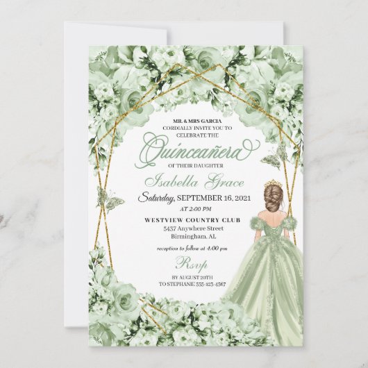 Sage Groen Goud Prinses Jurk Quinceanera Kaart (Voorkant)