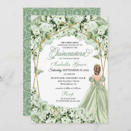 Sage Groen Goud Prinses Jurk Quinceanera Kaart (Voorkant / Achterkant)