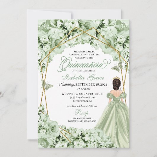 Sage Groen Goud Prinses Jurk Quinceanera Kaart (Voorkant)