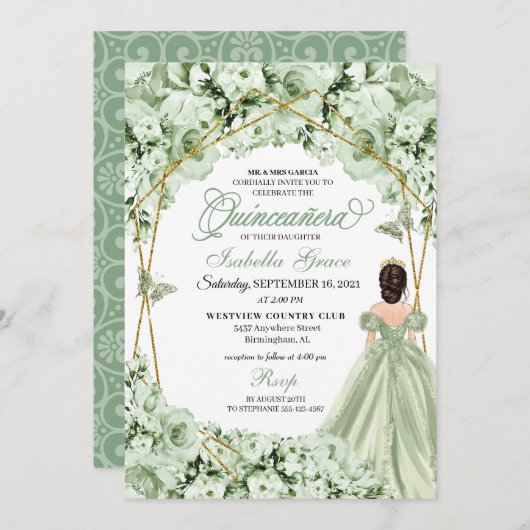 Sage Groen Goud Prinses Jurk Quinceanera Kaart (Voorkant / Achterkant)
