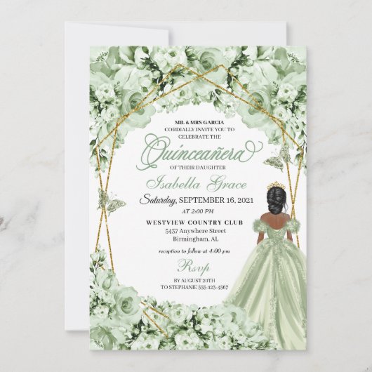 Sage Groen Goud Prinses Jurk Quinceanera Kaart (Voorkant)