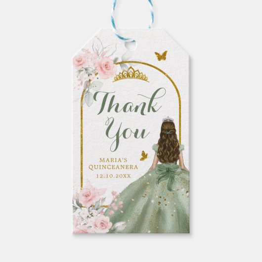Sage Groen Goud Prinses Quinceañera Dank u Cadeaulabel (Voorkant)