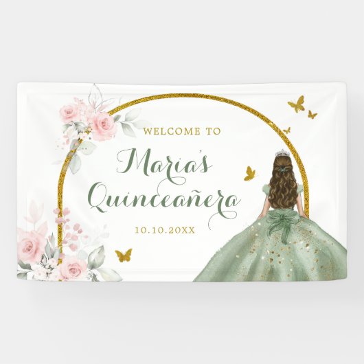 Sage Groen Goud Prinses Quinceañera Vlinder Spandoek (Horizontaal)