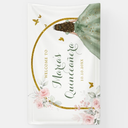 Sage Groen Goud Prinses Quinceañera Vlinder Spandoek (Verticaal)