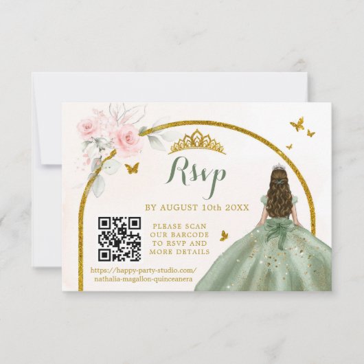Sage Groen Goud Prinses Vlinder Mis Quince QR RSVP Kaartje (Voorkant)