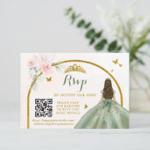 Sage Groen Goud Prinses Vlinder Mis Quince QR RSVP Kaartje (Staand voorkant)