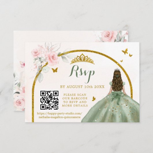 Sage Groen Goud Prinses Vlinder Mis Quince QR RSVP Kaartje (Voorkant / Achterkant)