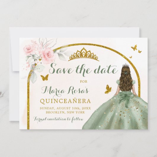 Sage Groen Goud Prinses Vlinder Quinceañera Kaart (Voorkant)