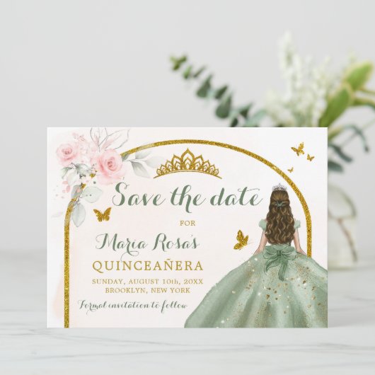 Sage Groen Goud Prinses Vlinder Quinceañera Kaart (Staand voorkant)