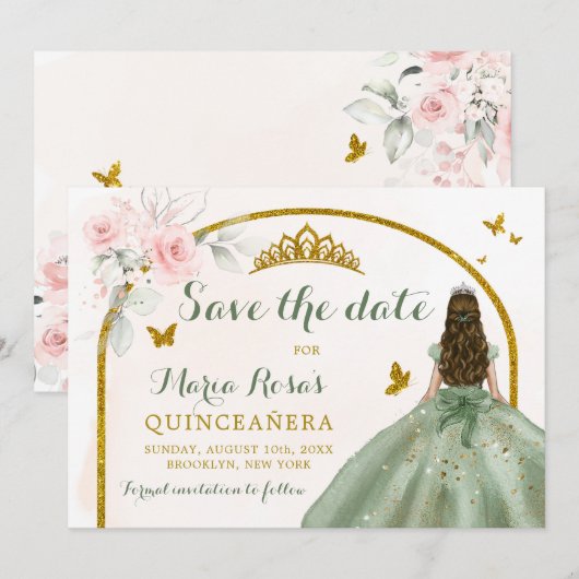 Sage Groen Goud Prinses Vlinder Quinceañera Kaart (Voorkant / Achterkant)