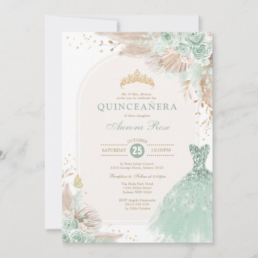 Sage Groen Goud Quinceañera Boho 15e Verjaardag Kaart (Voorkant)
