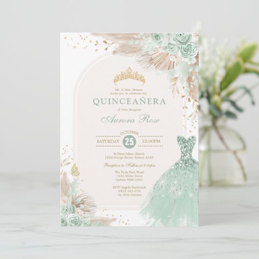 Sage Groen Goud Quinceañera Boho 15e Verjaardag Kaart (Staand voorkant)
