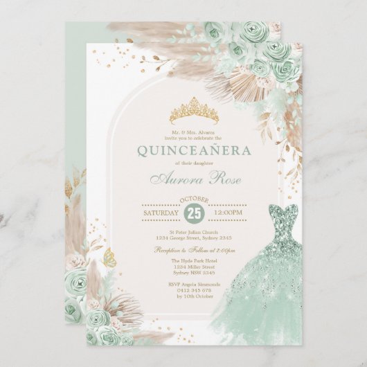 Sage Groen Goud Quinceañera Boho 15e Verjaardag Kaart (Voorkant / Achterkant)