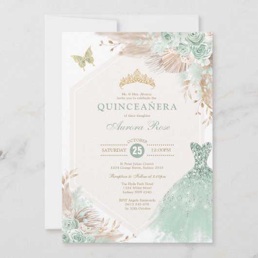 Sage Groen Goud Quinceañera Boho Bloemen Verjaarda Kaart (Voorkant)