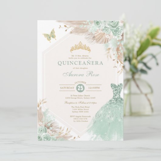 Sage Groen Goud Quinceañera Boho Bloemen Verjaarda Kaart (Staand voorkant)