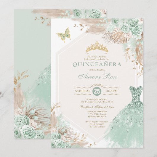 Sage Groen Goud Quinceañera Boho Bloemen Verjaarda Kaart (Voorkant / Achterkant)